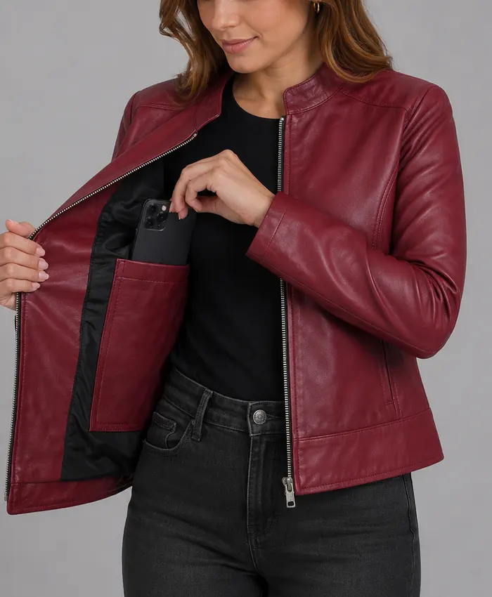 Women Best Burgundy Leather Biker Jacket Closeup