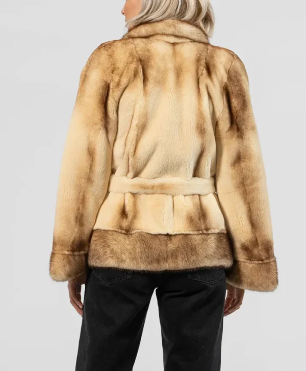 Womens Beige Mink Fur Jacket With Belted Back