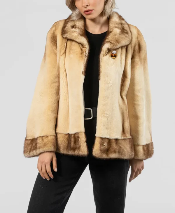 Womens Beige Mink Fur Jacket With Belted Front