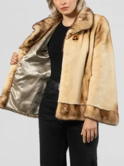 Womens Beige Mink Fur Jacket With Belted Inner
