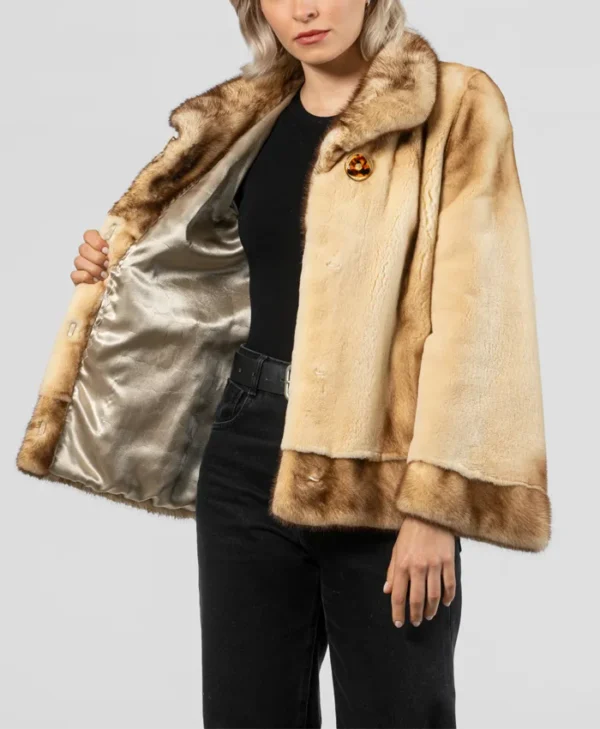 Womens Beige Mink Fur Jacket With Belted Inner