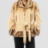 Womens Beige Mink Fur Jacket With Belted Main