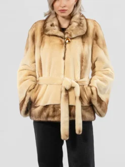 Womens Beige Mink Fur Jacket With Belted Main
