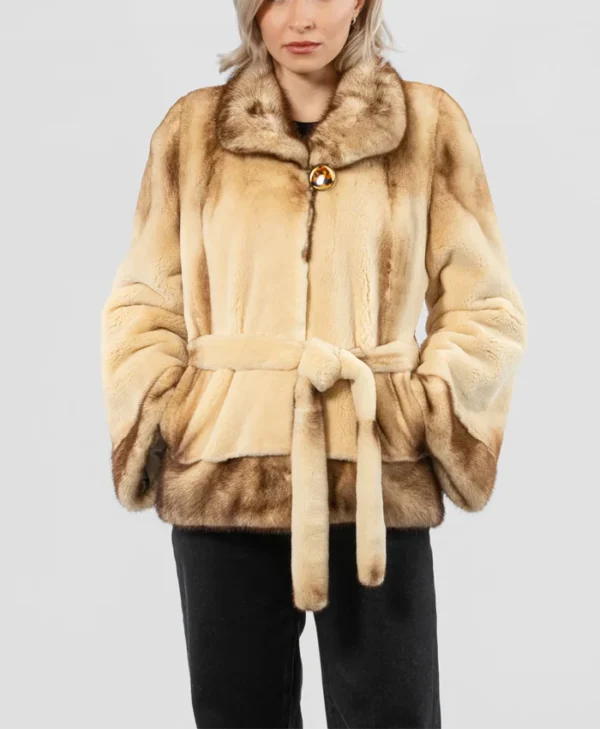 Womens Beige Mink Fur Jacket With Belted Main