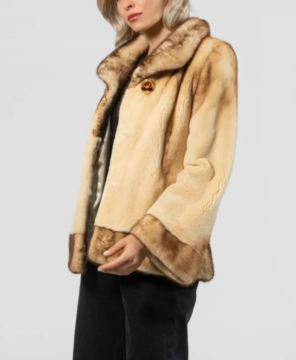 Womens Beige Mink Fur Jacket With Belted Side