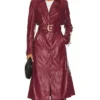 Womens Belted Burgundy Leather Long Trench Coat