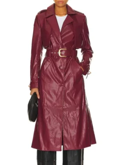 Womens Belted Burgundy Leather Long Trench Coat