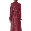 Womens Belted Burgundy Leather Long Trench Coat Back
