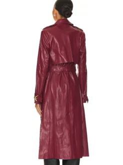 Womens Belted Burgundy Leather Long Trench Coat Back