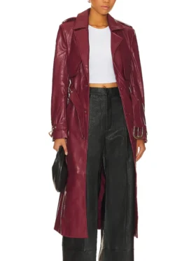 Women's Belted Burgundy Leather Long Trench Coat Closure