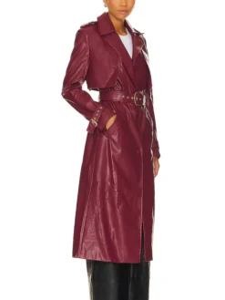 Womens Belted Burgundy Leather Long Trench Coat Side