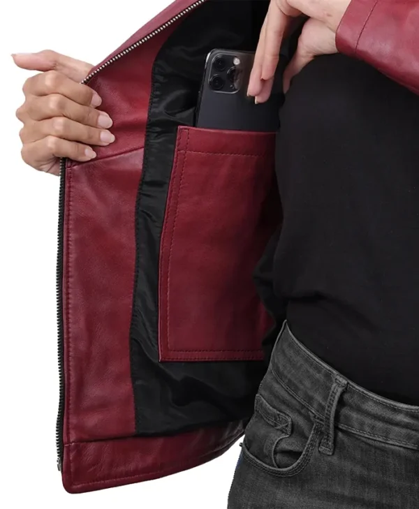 Womens Best Burgundy Leather Biker Jacket Inner