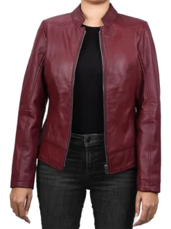 Womens Best Burgundy Leather Biker Jacket Main