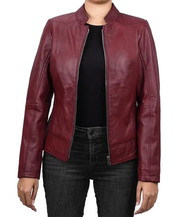Womens Best Burgundy Leather Biker Jacket Main
