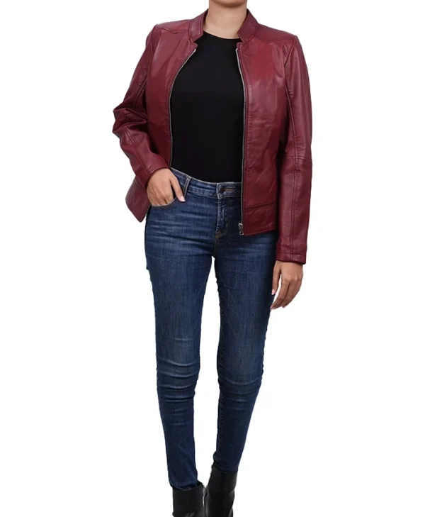 Womens Best Burgundy Leather Biker Jacket Stand