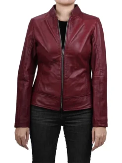 Womens Best Burgundy Leather Biker Jacket Zipper