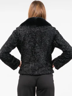 Womens Black Zipped Astrakhan Fur Jacket Back