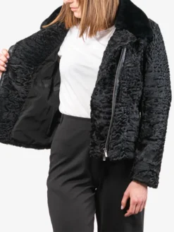 Womens Black Zipped Astrakhan Fur Jacket Inner