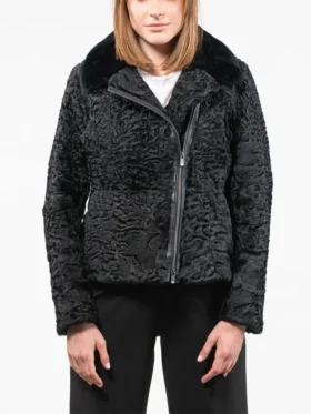 Womens Black Zipped Astrakhan Fur Jacket Main
