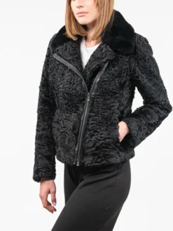 Womens Black Zipped Astrakhan Fur Jacket Side