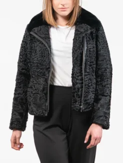 Womens Black Zipped Astrakhan Fur Jacket Style