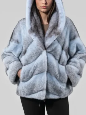 Womens Blue Cross Mink Fur Jacket With Hood