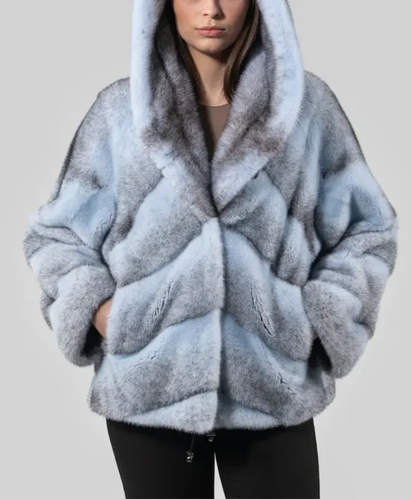 Womens Blue Cross Mink Fur Jacket With Hood
