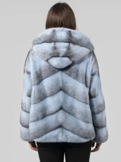 Womens Blue Cross Mink Fur Jacket With Hood Back