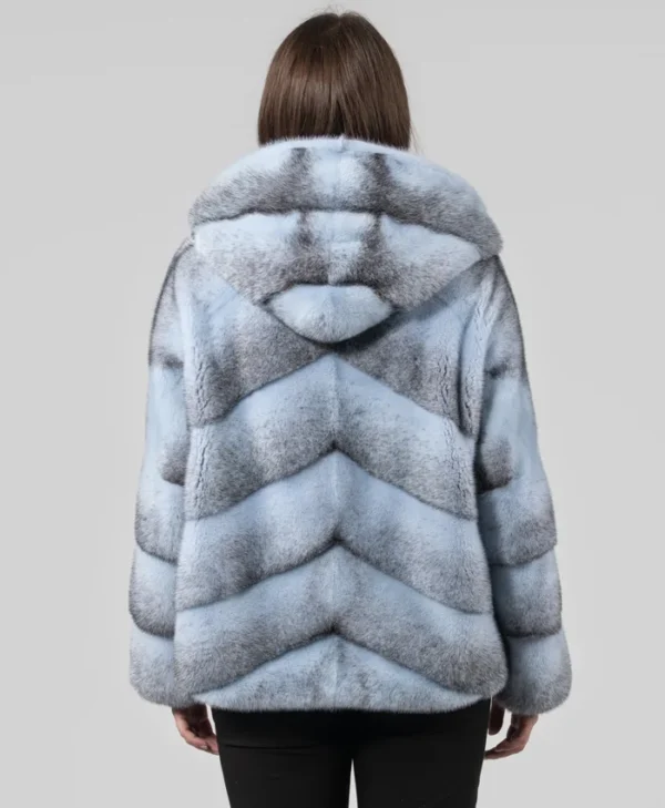 Womens Blue Cross Mink Fur Jacket With Hood Back