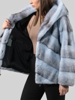 Womens Blue Cross Mink Fur Jacket With Hood Inner