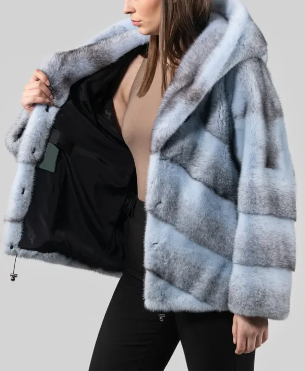 Womens Blue Cross Mink Fur Jacket With Hood Inner