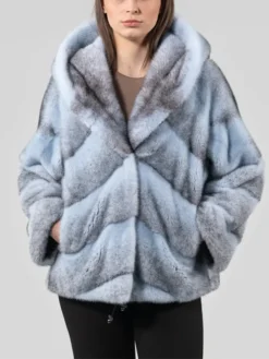 Womens Blue Cross Mink Fur Jacket With Hood Main