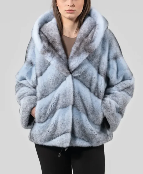 Womens Blue Cross Mink Fur Jacket With Hood Main
