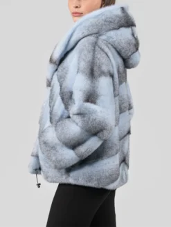 Womens Blue Cross Mink Fur Jacket With Hood Side
