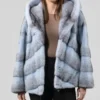 Womens Blue Cross Mink Fur Jacket With Hood Sleeves