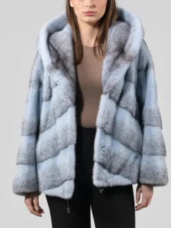 Womens Blue Cross Mink Fur Jacket With Hood Sleeves