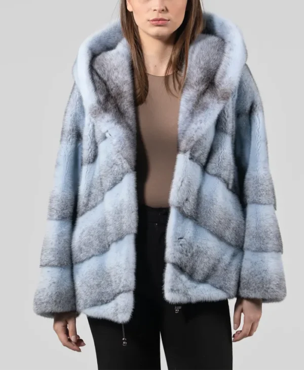 Womens Blue Cross Mink Fur Jacket With Hood Sleeves