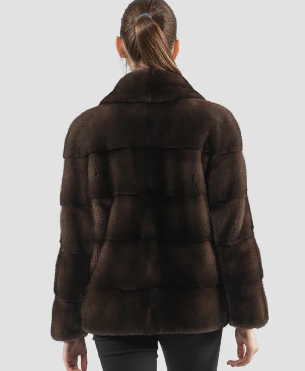 Womens Brown Mink Fur Jacket With Button Closure Back