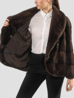 Womens Brown Mink Fur Jacket With Button Closure Inner