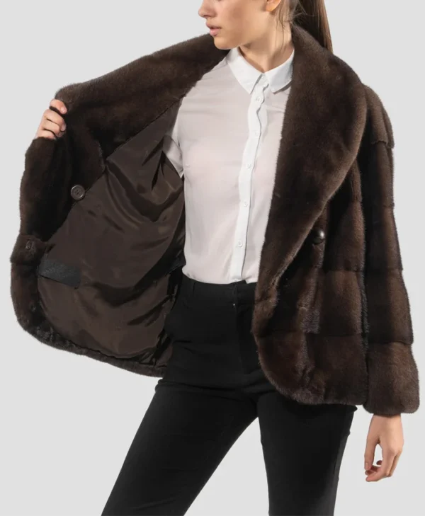Womens Brown Mink Fur Jacket With Button Closure Inner