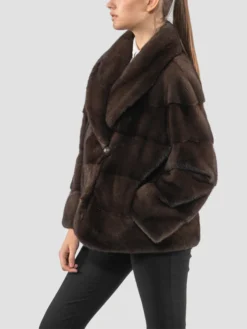 Womens Brown Mink Fur Jacket With Button Closure Side
