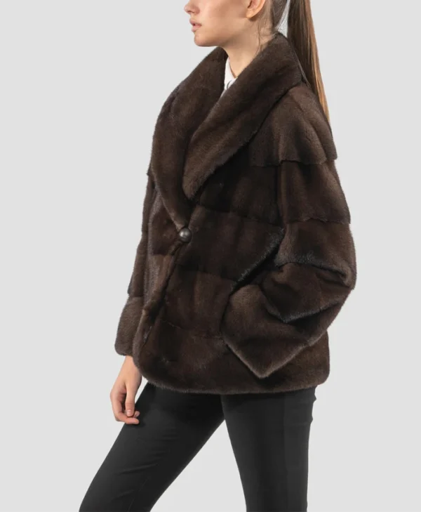 Womens Brown Mink Fur Jacket With Button Closure Side