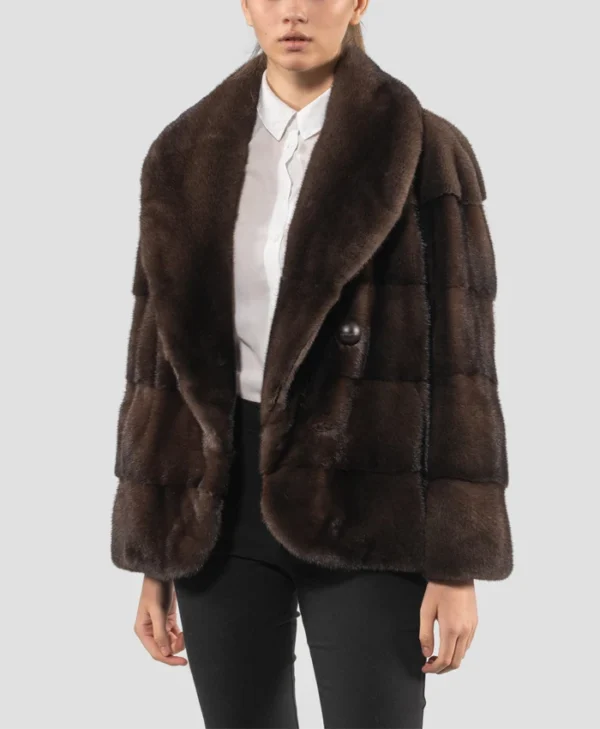 Womens Brown Mink Fur Jacket With Button Closure Style