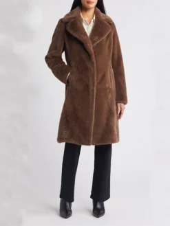 Womens Brown Stylish Lamb Fur Long Coat Closure