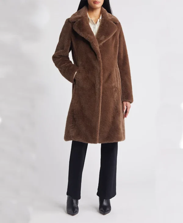 Womens Brown Stylish Lamb Fur Long Coat Closure
