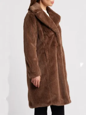 Women's Brown Stylish Lamb Fur Long Coat Side