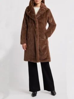 Womens Brown Stylish Lamb Fur Long Coat Stand Up