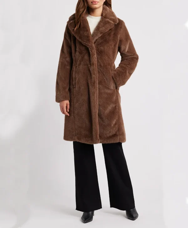 Womens Brown Stylish Lamb Fur Long Coat Stand Up