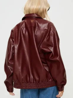 Womens Burgundy Leather Bomber Jacket Back