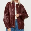 Womens Burgundy Leather Bomber Jacket Front